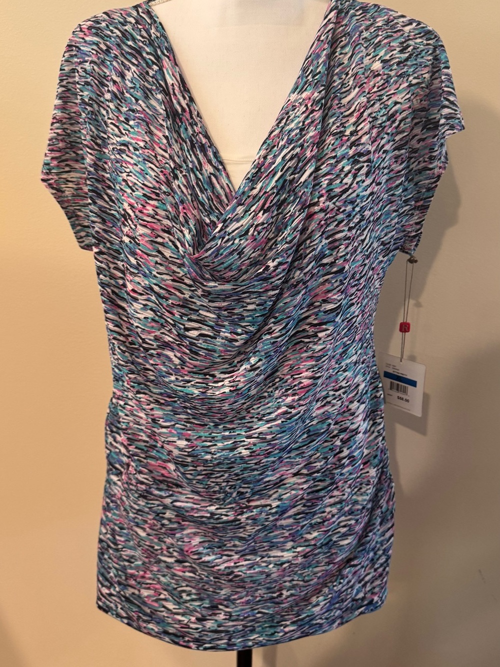 Rafaella Multi-Color Drape Neck Short Sleeve Blouse